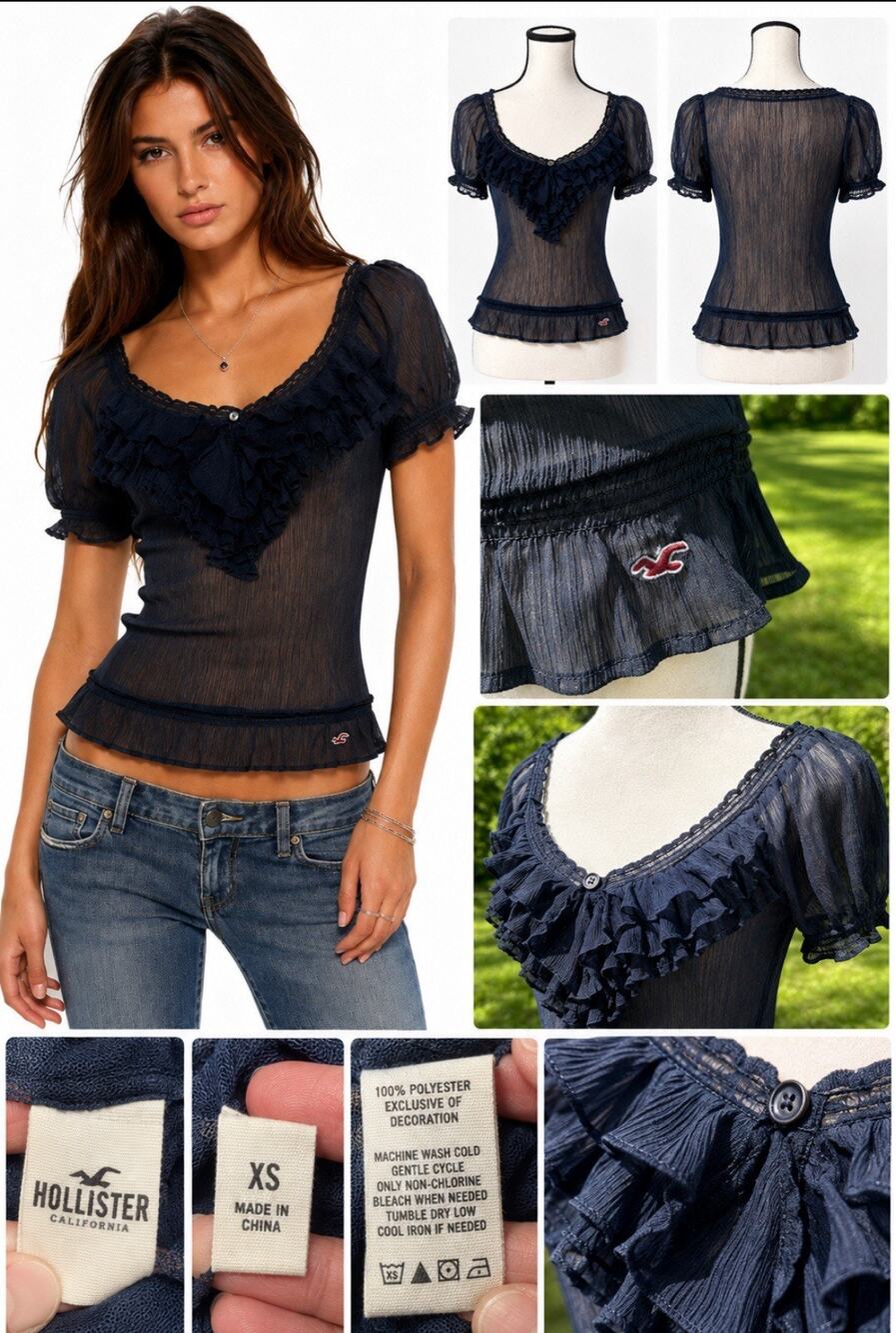 Y2K Indie Sleaze Hollister California Ruffle Mesh Top Size XS Navy Blue Sheer